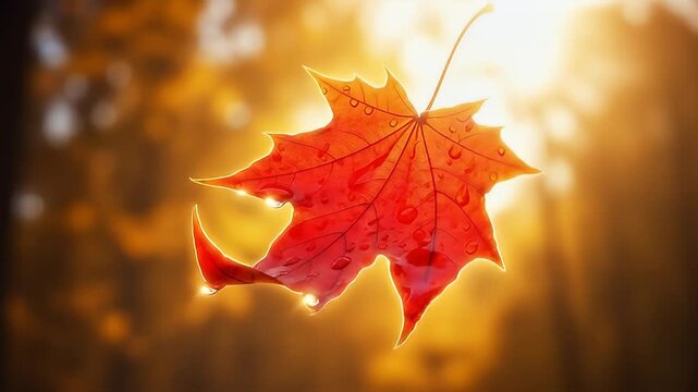 Radiant, red maple leaf with water droplets glows against a bokeh background