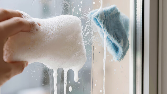 Close-up of a person cleaning a window with a soapy sponge and a blue microfiber cloth. White foam dripping down the glass. Concept of professional cleaning service and household chores