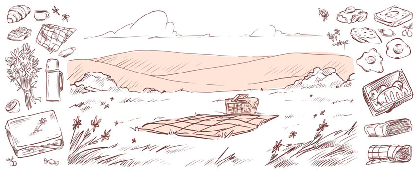 Hand drawn picnic scene sketch with basket on grass. Vector illustration of doodle meadow landscape with flowers, checkered blanket on ground, food and thermos for eating outdoors, rural countryside