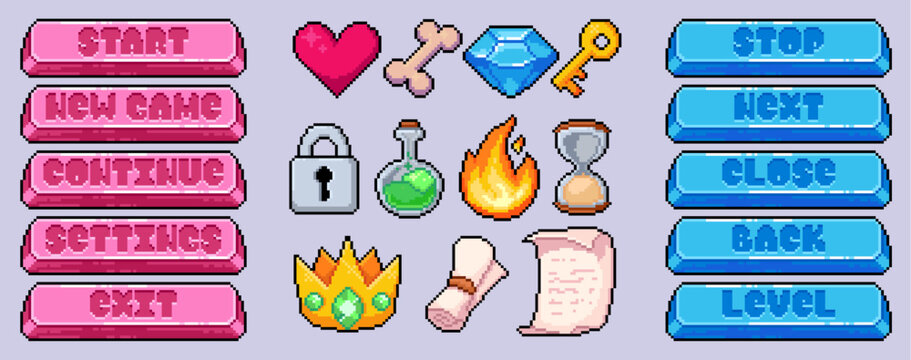 Pixel art game button set of arcade item icons, 8 bit interface elements, gold key, lock and scroll, heart, crown and diamond, retro videogame graphic for level design, ui cartoon vector illustrations