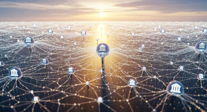 Abstract Digital Network Connecting Financial Institutions at Sunset