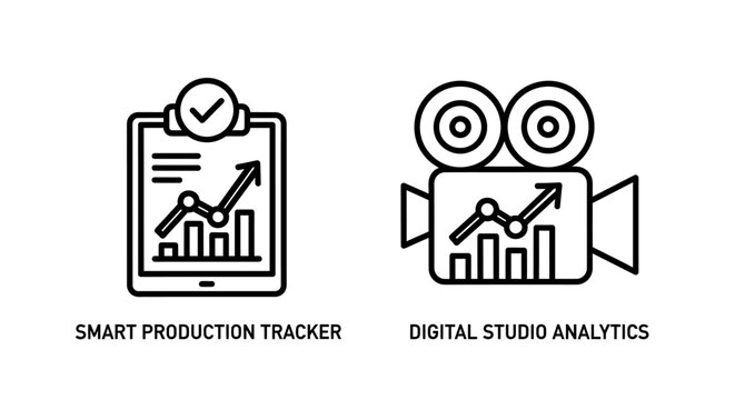Smart production tracker and digital studio analytics icons with growth charts