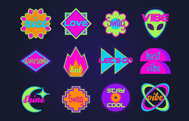 Obraz premium Cute y2k sticker collection with retro pop art vibes. Vector set of cool acid color fire, alien face and flower shape icons with text, groovy 90s geometric patches for creative nostalgic design