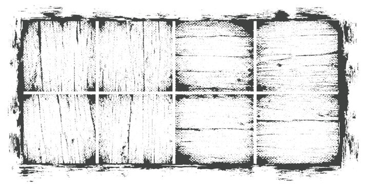 Abstract set of black-and-white grunge texture, distressed grid pattern, scratched paint, rough brush strokes, high contrast, minimalist industrial style vector.