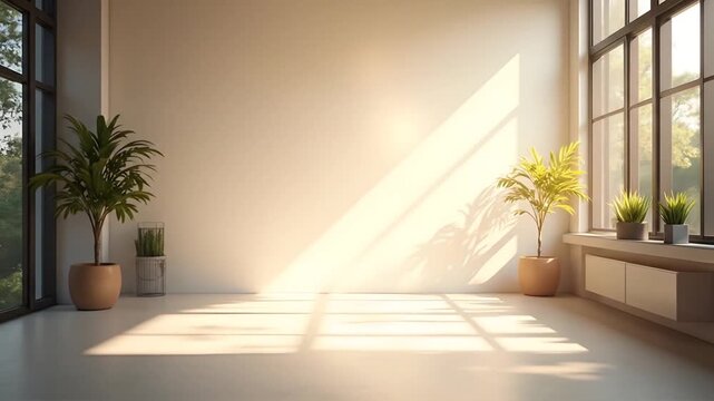 Bright sunlit empty room with large windows and potted plants creating a calm interior scene.