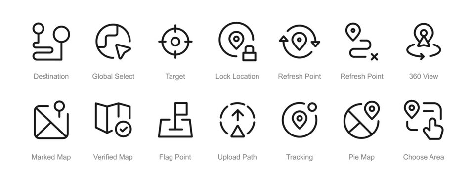 Global navigation and map tracking line icon collection. Address, direction, distance, location, and destination icon set. Editable vector stroke illustration