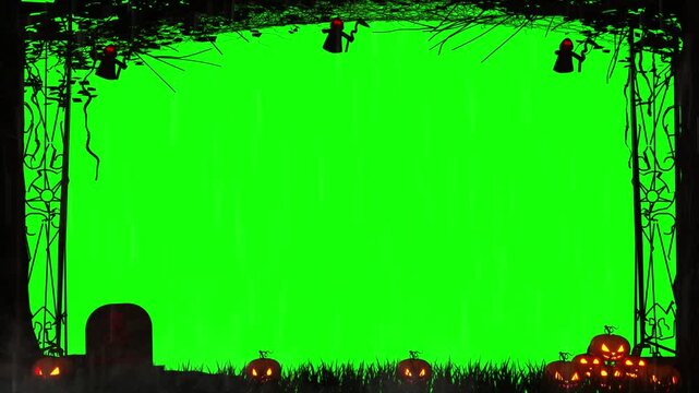 Halloween Green Screen Frame with Pumpkins and Spooky Decorations