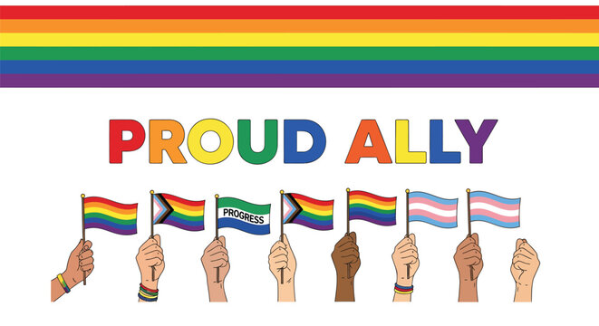 LGBTQ pride ally flags, rainbow flags, diversity and inclusion symbols, social justice vector graphics