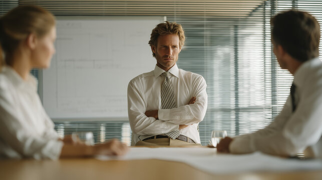 Real estate negotiation stalls mid-session around a conference table, two agents on opposite sides of printed offer sheets, a third party leaning back with arms crossed. A whiteboard behind holds a 
