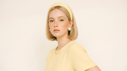 Obraz premium Caucasian blonde woman portrait, Minimal studio beauty, Pastel yellow outfit, Clean skincare fashion, Copy space banner, Soft neutral background