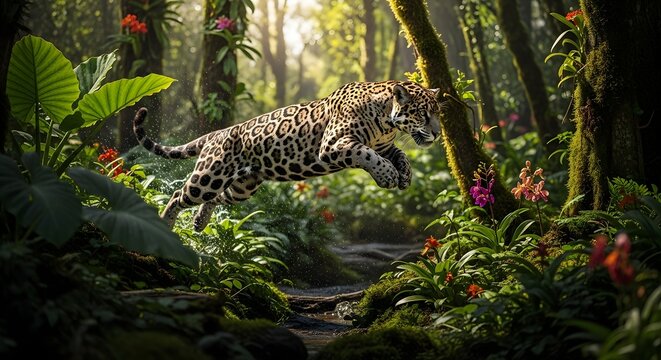 Majestic jaguar leaping through lush rainforest a powerful display of wild beauty and strength
