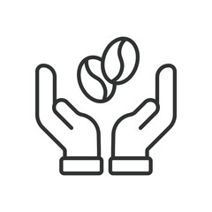 Obraz premium Coffee care hands icon in line design. coffee beans care protection organic support sustainability on white background vector. coffee care editable stroke icon