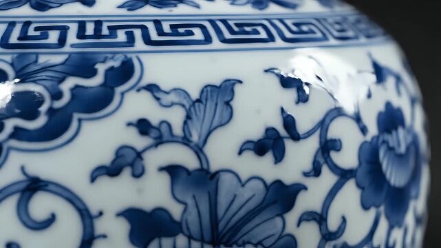 Closeup of Blue and White Porcelain Vase with Intricate Floral Patterns.