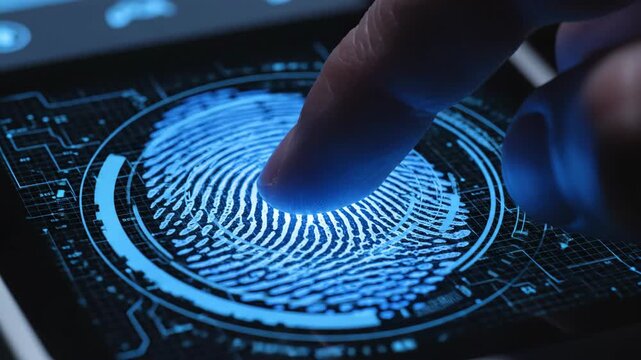 A finger hovers over a glowing blue fingerprint on a dark circuit board background