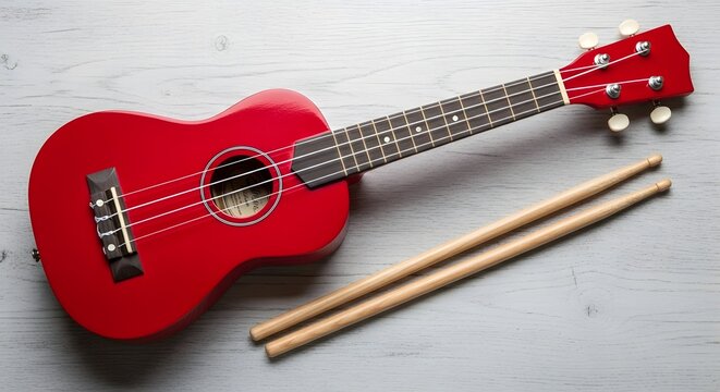 A bright red soprano ukulele and natural wooden drumsticks resting together on a pale textured surface, perfect for blending melodic strings with percussive rhythms