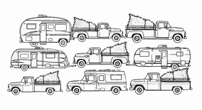 Vintage trucks and campers transport Christmas trees, a festive scene