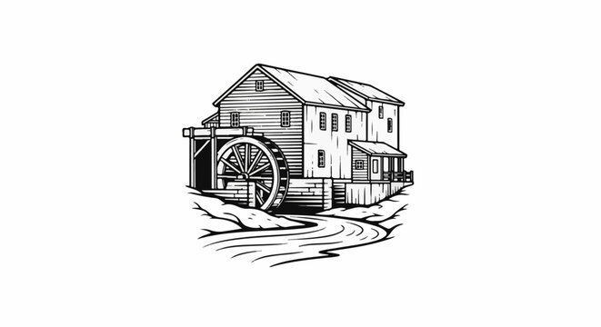 Vintage watermill by a winding stream, drawing