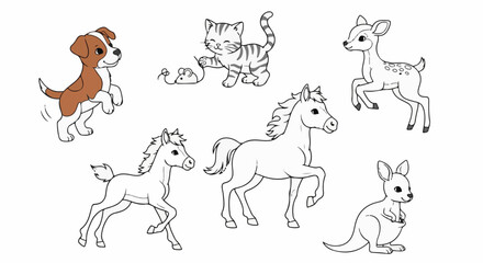 Fototapeta premium Whimsical line art depicts a playful dog, cat, deer, horses, and kangaroo
