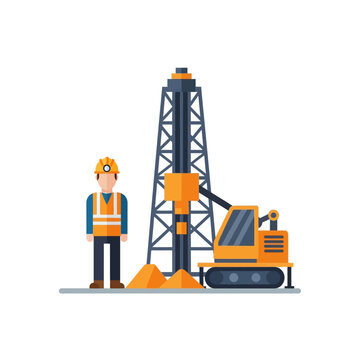 Construction worker and drilling rig on white background, flat design, industry concept