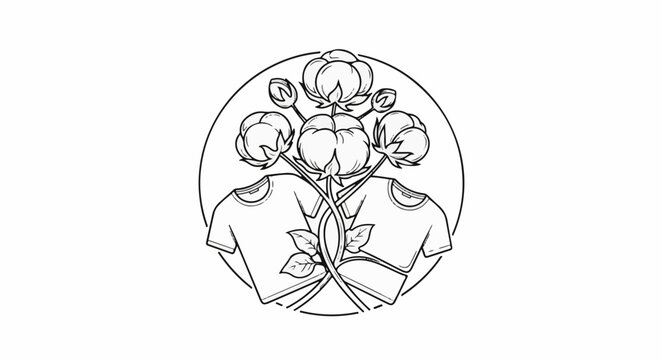 Two t-shirts intertwined with cotton stems, within a circular border
