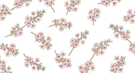Obraz premium Floral seamless pattern, pink cherry blossoms, watercolor flowers, green leaves, botanical design
