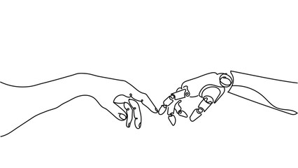 ai human connection. minimal one line art of human and robot hands touching © Sabbir
