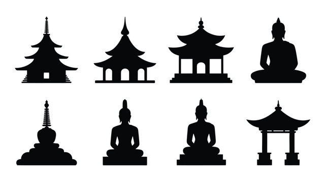 Buddhist temple and buddha silhouette icon set in black on white background for religious and cultural designs