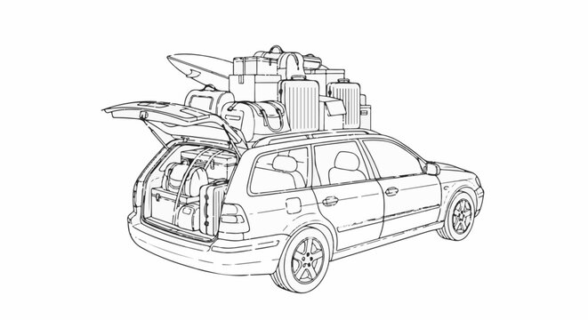 Wagon packed with luggage and surfboard on roof rack for travel
