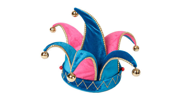 Colorful jester hat with blue and pink fabric and bells  isolated on transparent background cut out