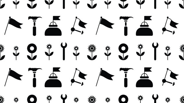 May day repeating pattern of icons featuring tools flowers and flags in black on white background for decoration and design