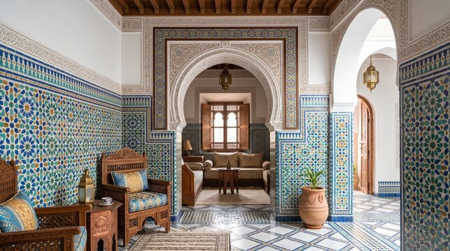 Ornate Moroccan Interior: Intricate Tilework, Arches, and Traditional Furniture