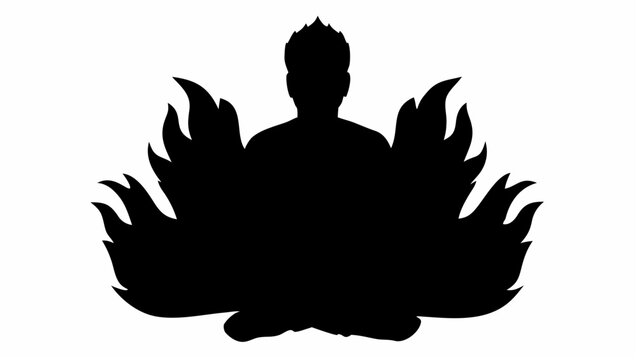Person sitting cross legged in meditation with shadow and flames around them in black silhouette on white background
