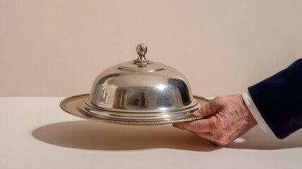 Fototapeta premium Silver serving cloche held by hand over minimalist white background