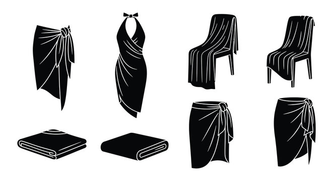Sarong silhouettes and beach accessories black vector illustration