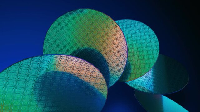 Colorful silicon wafers stack macro, semiconductor chip fabrication discs with iridescent surface, microchip technology background loop animation