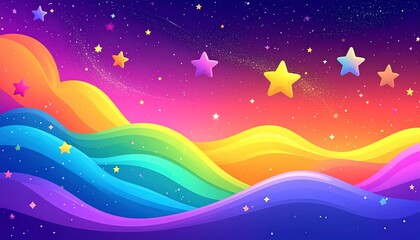 Obraz premium ポップなキュートスタイルの星と流れ星が輝くカラフルグラデーション夜空の背景