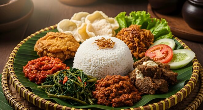Delicious Indonesian Nasi Campur with various side dishes served on a traditional woven tray.