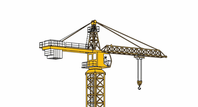 Yellow construction crane with a worker in the operator's cab and a hook