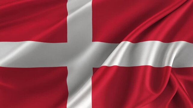 Denmark national flag Dannebrog with white Scandinavian cross on red field, waving in wind symbolizing heritage and identity.