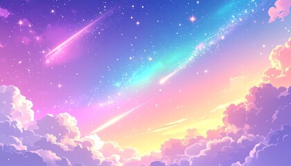 Fototapeta premium 柔らかなパステル夜空に流れ星と光るパーティクルが浮かぶ夢幻的な背景