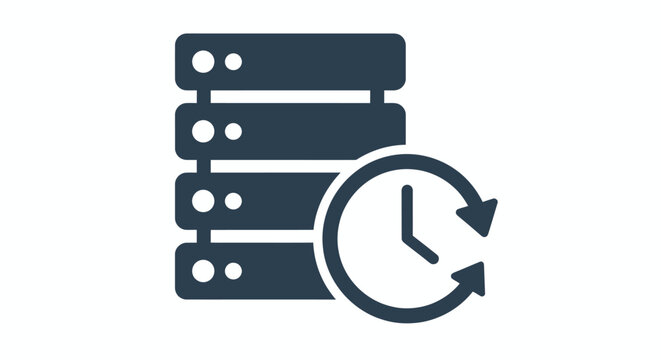 Data backup and server synchronization icon depicting clock and recovery for IT infrastructure.