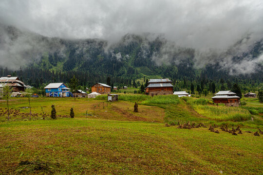 View of quaint wooden houses dot the vibrant green landscape, nestled against a backdrop of misty, forested mountains, Arang Kel, Azad Kashmir, Pakistan.