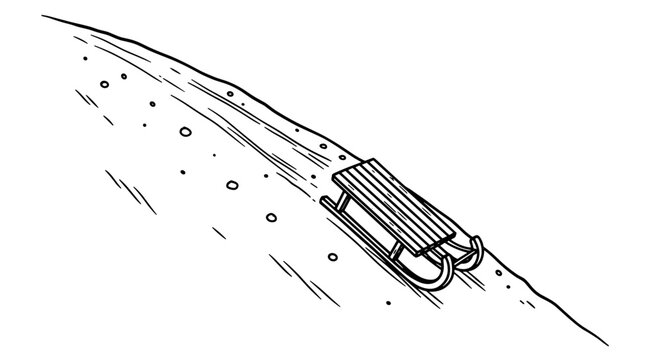 Illustration of a sled gliding down a snowy hill, featuring a monochrome style with crisp lines and minimalistic design, capturing a serene winter scene