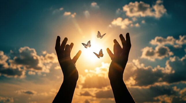 Embracing Freedom: Silhouette hands reaching towards the heavens, tenderly releasing graceful butterflies into a radiant sky, symbolizing freedom and transformation.
