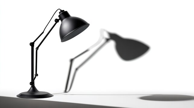 Minimalist Black Architect Swing Arm Desk Lamp Casting Large Graphic Shadow on Clean White Wall and Surface Background