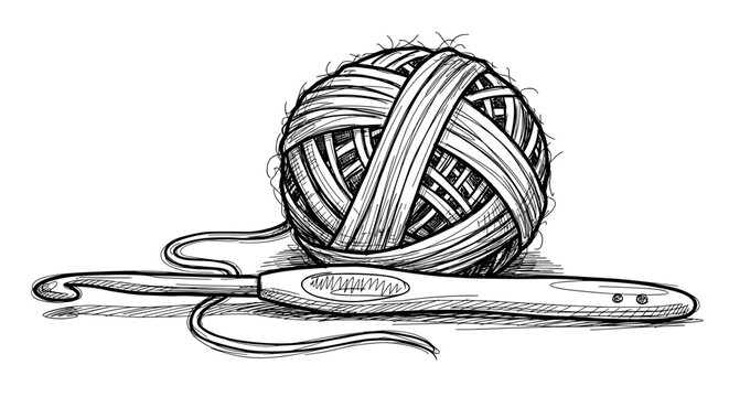 Detailed black and white illustration of a crochet hook next to a neatly wound yarn ball, showcasing intricate line work and shading on a white background