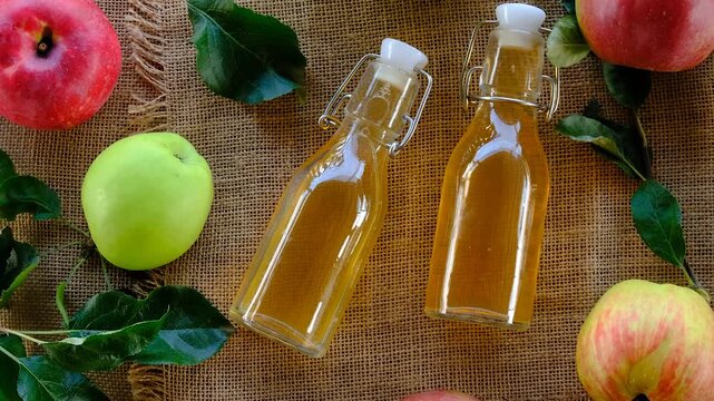 Apple cider vinegar against a background of apples. Selective focus.