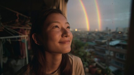 Naklejka premium Woman looking at double rainbow over city