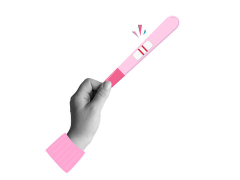 Black and white hand holding a positive pregnancy test with a two stripes. Modern photo collage style. Illustration on a transparent background