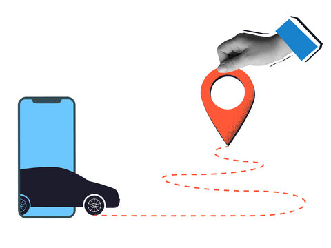 Black and white hand holding a red destination pin mark beside a black car silhouette coming out of smartphone screen. Modern collage style. Illustration on a transparent background